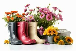 Flowers pots rubber boots bright. Generate Ai photo