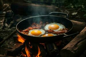 Camping breakfast eggs on fire. Generate Ai photo