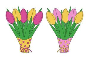 Set of 2 blooming colorful tulip bouquets in wrapping paper in trendy shades of soft pink and yellow vector
