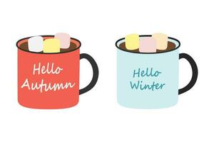 Set of 2 Mugs with 2 seasonal lettering Hello autumn, Hello winter, wam drink and marshmallow cubes vector