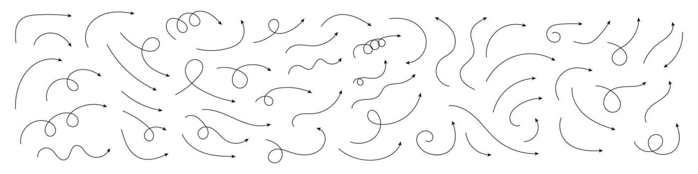 Curved arrows. Set of vector hand drawn zigzag arrows. Collection of pointers. Vector illustration.