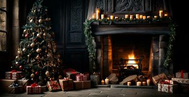 nuevo años regalos por el chimenea, festivo Navidad interior de un casa con un Navidad árbol - ai generado imagen foto