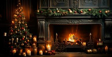 New Year's gifts by the fireplace, festive Christmas interior of a house with a Christmas tree - AI generated image photo