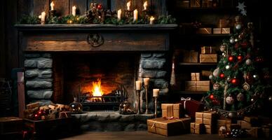 New Year's gifts by the fireplace, festive Christmas interior of a house with a Christmas tree - AI generated image photo