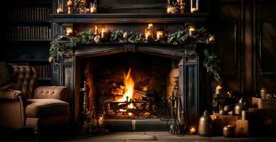 New Year's gifts by the fireplace, festive Christmas interior of a house with a Christmas tree - AI generated image photo