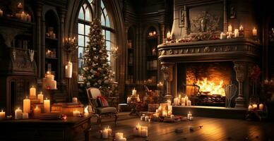 New Year's gifts by the fireplace, festive Christmas interior of a house with a Christmas tree - AI generated image photo