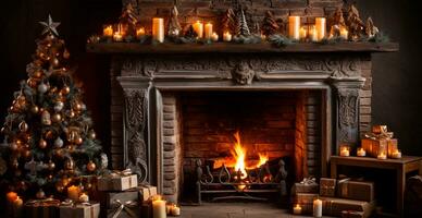 New Year's gifts by the fireplace, festive Christmas interior of a house with a Christmas tree - AI generated image photo