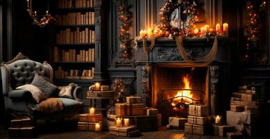 New Year's gifts by the fireplace, festive Christmas interior of a house with a Christmas tree - AI generated image photo