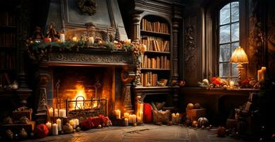 New Year's gifts by the fireplace, festive Christmas interior of a house with a Christmas tree - AI generated image photo