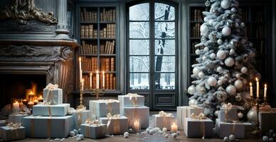 Festive Christmas interior of a house with a Christmas tree and New Year's gifts by the fireplace - AI generated image photo