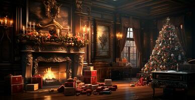 Festive Christmas interior of a house with a Christmas tree and New Year's gifts by the fireplace - AI generated image photo