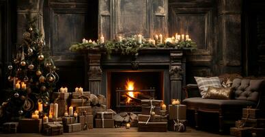 Festive Christmas interior of a house with a Christmas tree and New Year's gifts by the fireplace - AI generated image photo