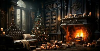 Festive Christmas interior of a house with a Christmas tree and New Year's gifts by the fireplace - AI generated image photo