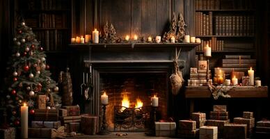 Festive Christmas interior of a house with a Christmas tree and New Year's gifts by the fireplace - AI generated image photo