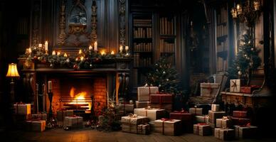 festivo Navidad interior de un casa con un Navidad árbol y nuevo años regalos por el hogar - ai generado imagen foto