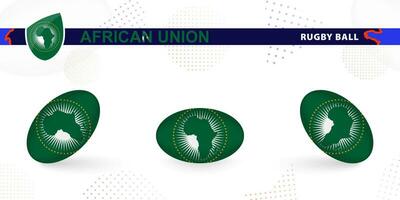 Rugby ball set with the flag of African Union in various angles on abstract background. vector