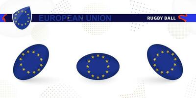 Rugby ball set with the flag of European Union in various angles on abstract background. vector