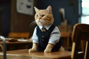 gato salón de clases agotador. generar ai foto