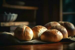 Baked buns bread table. Generate Ai photo