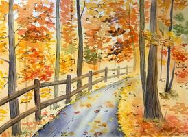 Hand drawn watercolor autumn landscape with a path in the peaceful park. Cozy watercolor autumn illustration. photo