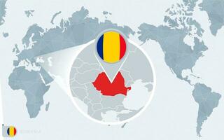 Pacific Centered World map with magnified Romania. Flag and map of Romania. vector