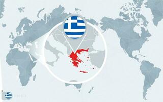 Pacific Centered World map with magnified Greece. Flag and map of Greece. vector