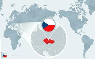 Pacífico centrado mundo mapa con magnificado checo república. bandera y mapa de checo república. vector