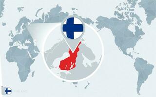 Pacific Centered World map with magnified Finland. Flag and map of Finland. vector