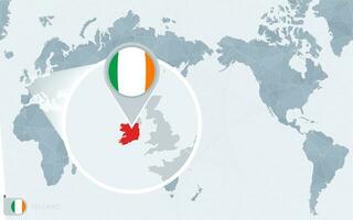 Pacific Centered World map with magnified Ireland. Flag and map of Ireland. vector