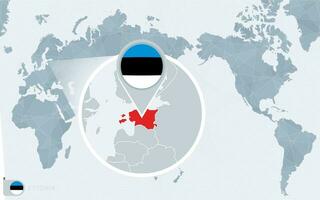 Pacífico centrado mundo mapa con magnificado Estonia. bandera y mapa de Estonia. vector