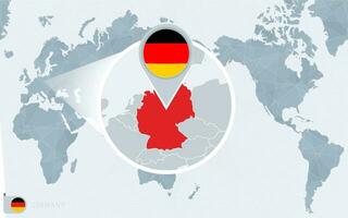 Pacific Centered World map with magnified Germany. Flag and map of Germany. vector