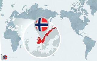 Pacífico centrado mundo mapa con magnificado Noruega. bandera y mapa de Noruega. vector