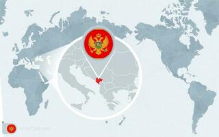 Pacific Centered World map with magnified Montenegro. Flag and map of Montenegro. vector