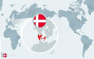 Pacific Centered World map with magnified Denmark. Flag and map of Denmark. vector