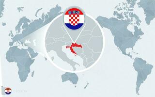 Pacífico centrado mundo mapa con magnificado Croacia. bandera y mapa de Croacia. vector