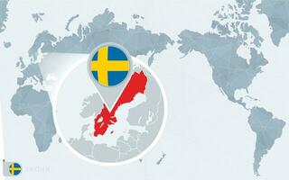 Pacífico centrado mundo mapa con magnificado Suecia. bandera y mapa de Suecia. vector