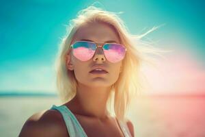 Lady blonde beach. Generate Ai photo