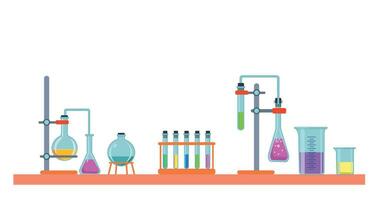 Scientific chemical laboratory, conducting experiments, research in laboratory. Glassware, jars, flasks, tubes and complex installation systems in working cabinet, equipment vector