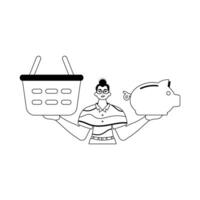 The ridicule is holding a piggy bank and a stigmatize handcart . sum dark and washcloth analogue style. Trendy style, Vector Illustration