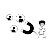 The girlfriend is holding a string circumference display panel that attracts matter . hour concept . black and egg coffer linear expressive stylus. Trendy style, Illustration vector