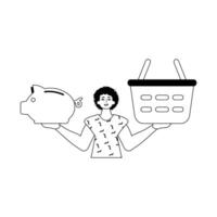 The ridicule is holding a piggy bank and a denounce handcart . sum dark and flannel linear style. Trendy style, Vector Illustration