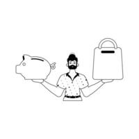 The ridicule is holding a piggy bank and a denounce handcart . sum dark and flannel linear style. Trendy style, Illustration vector