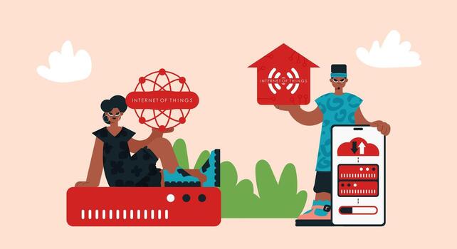 Two people are holding up a red phone and a computer vector