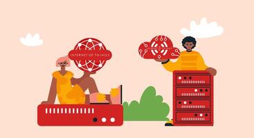 Two people sitting on a server with a red cloud vector