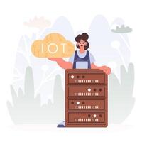 Youthful woman Getting a handle on the IoT Picture Interior the center of a Organize of Servers, Symbolizing the Interconnectivity and Mechanical Headways of Progressed Times. vector