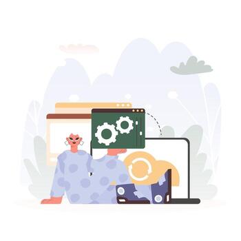 A Vector Chart of a Excited lady Holding a Browser Window with Gears and Torque, Idealize for Tech and Development Concepts.