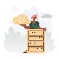 Youthful woman Getting a handle on the IoT Image Within the middle of a Organize of Servers, Symbolizing the Interconnectivity and Mechanical Headways of Progressed Times. vector