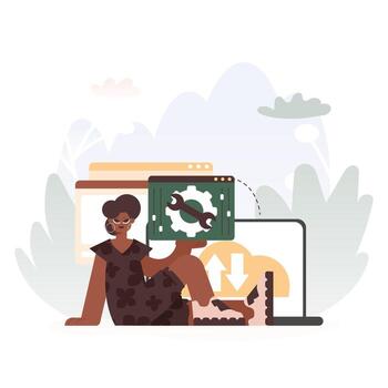 A Vector Chart of a Energized woman Holding a Browser Window with Gears and Torque, Idealize for Tech and Improvement Concepts.