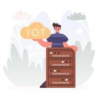 Man Getting a handle on the IoT Picture Interior the center of a Organize of Servers, Symbolizing the Interconnectivity and Mechanical Advancements of Progressed Times. vector