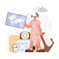 Lively woman Holding a Chart, Uncovering Unused Horizons, Getting a handle on the Affiliation of Travel and the Charm of Looking at the World. vector